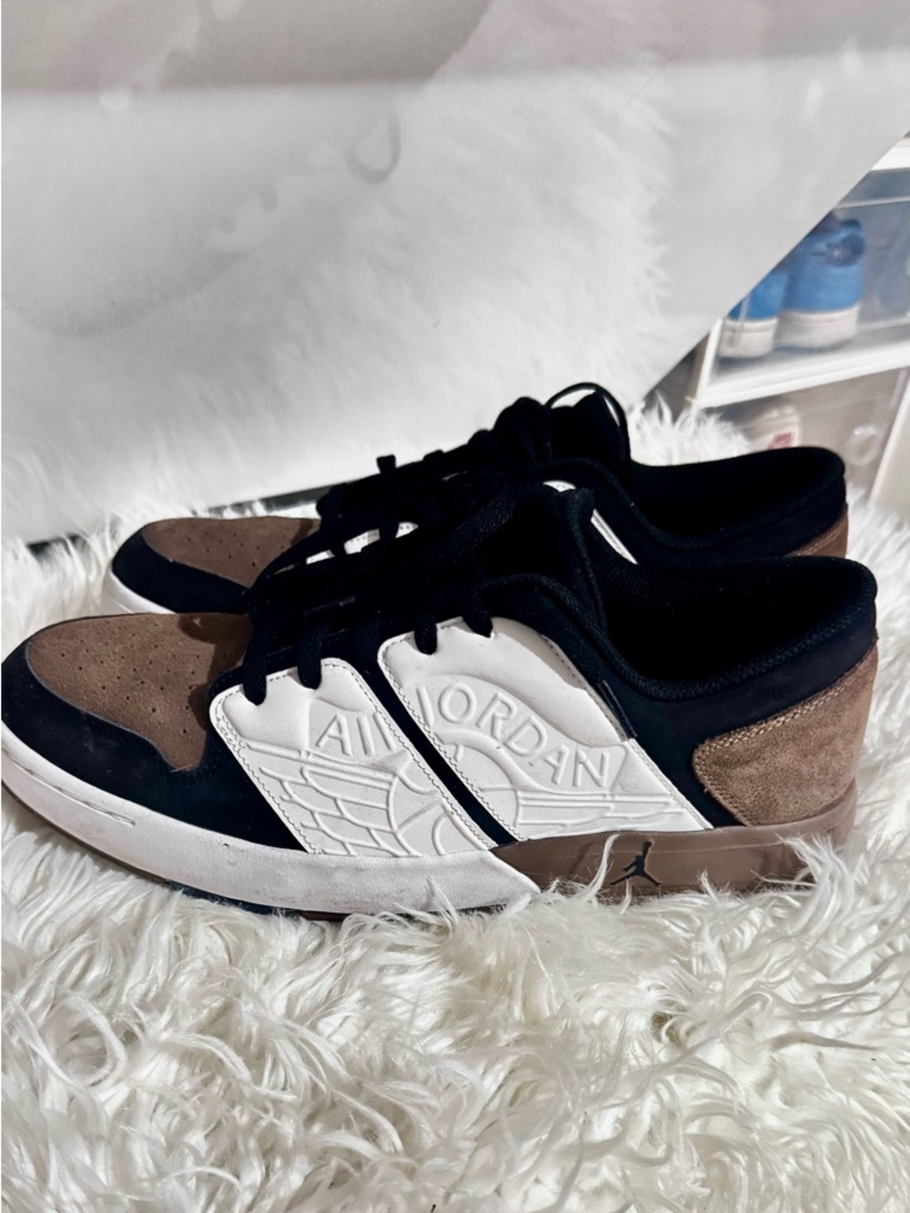 Air Jordan Low-Top Sneakers in Black, White & Brown Suede